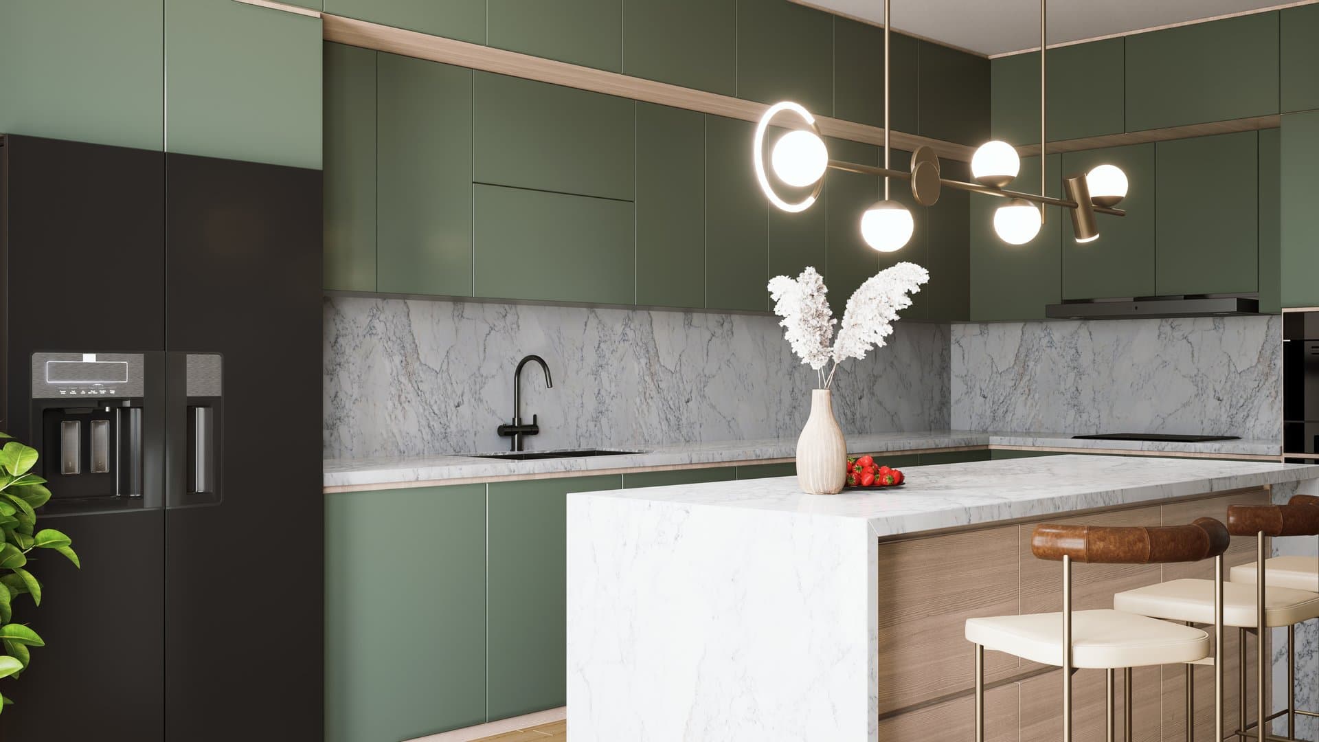 Modern renovated kitchen with island and pendant lighting