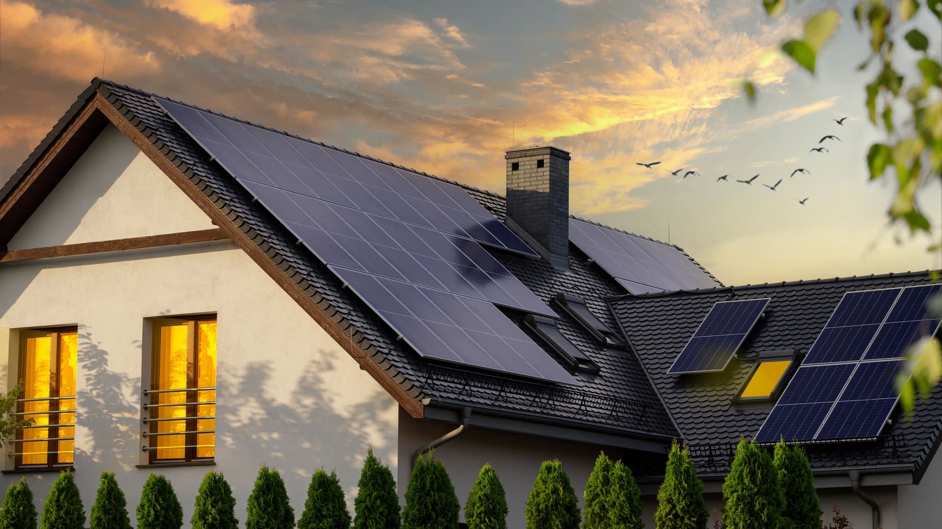 Solar panels on residential home roof at sunset