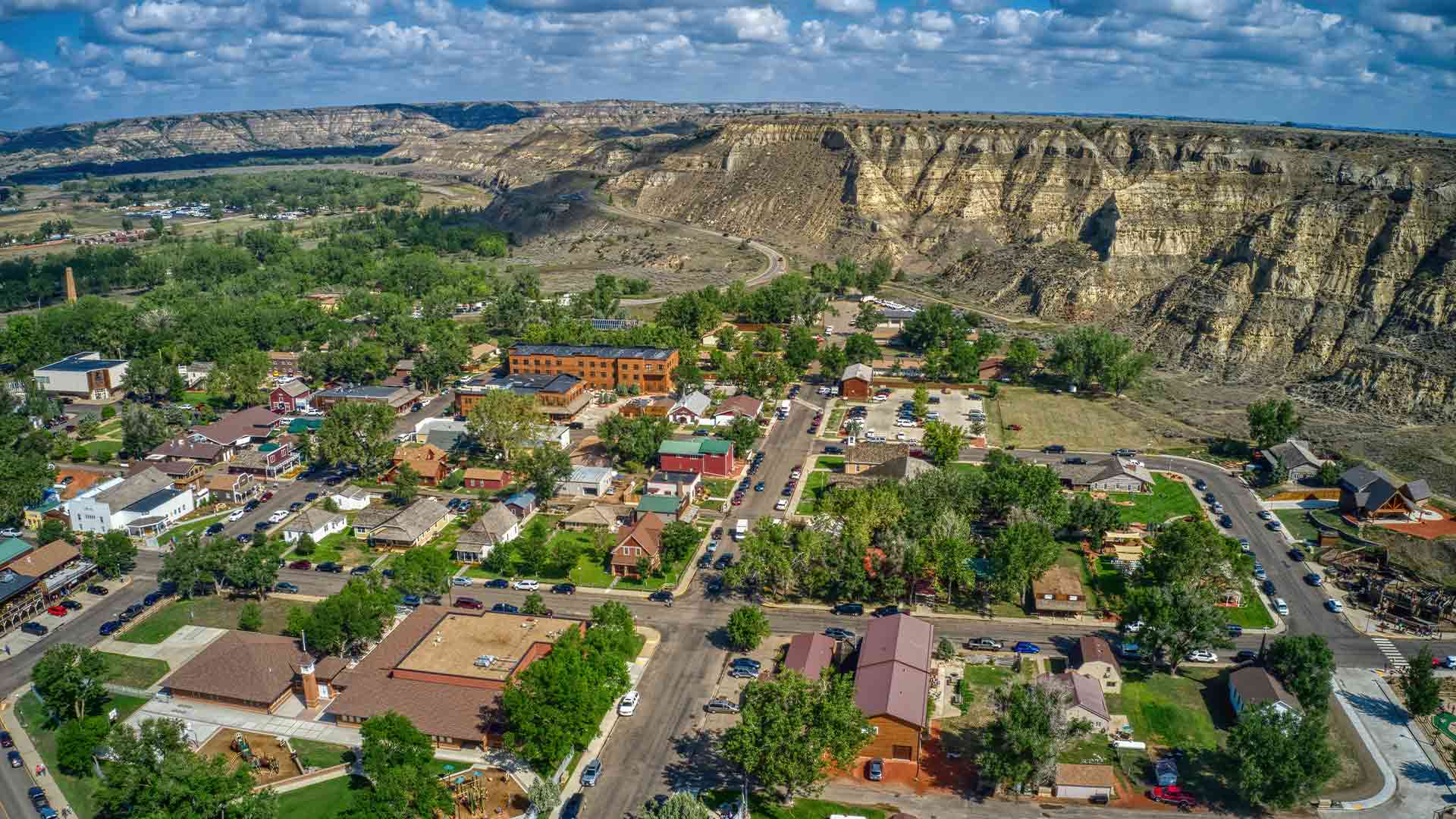 Aerial View of the Tourist Town of Medora, North Dakota outside of Theodore Roosevelt National Park