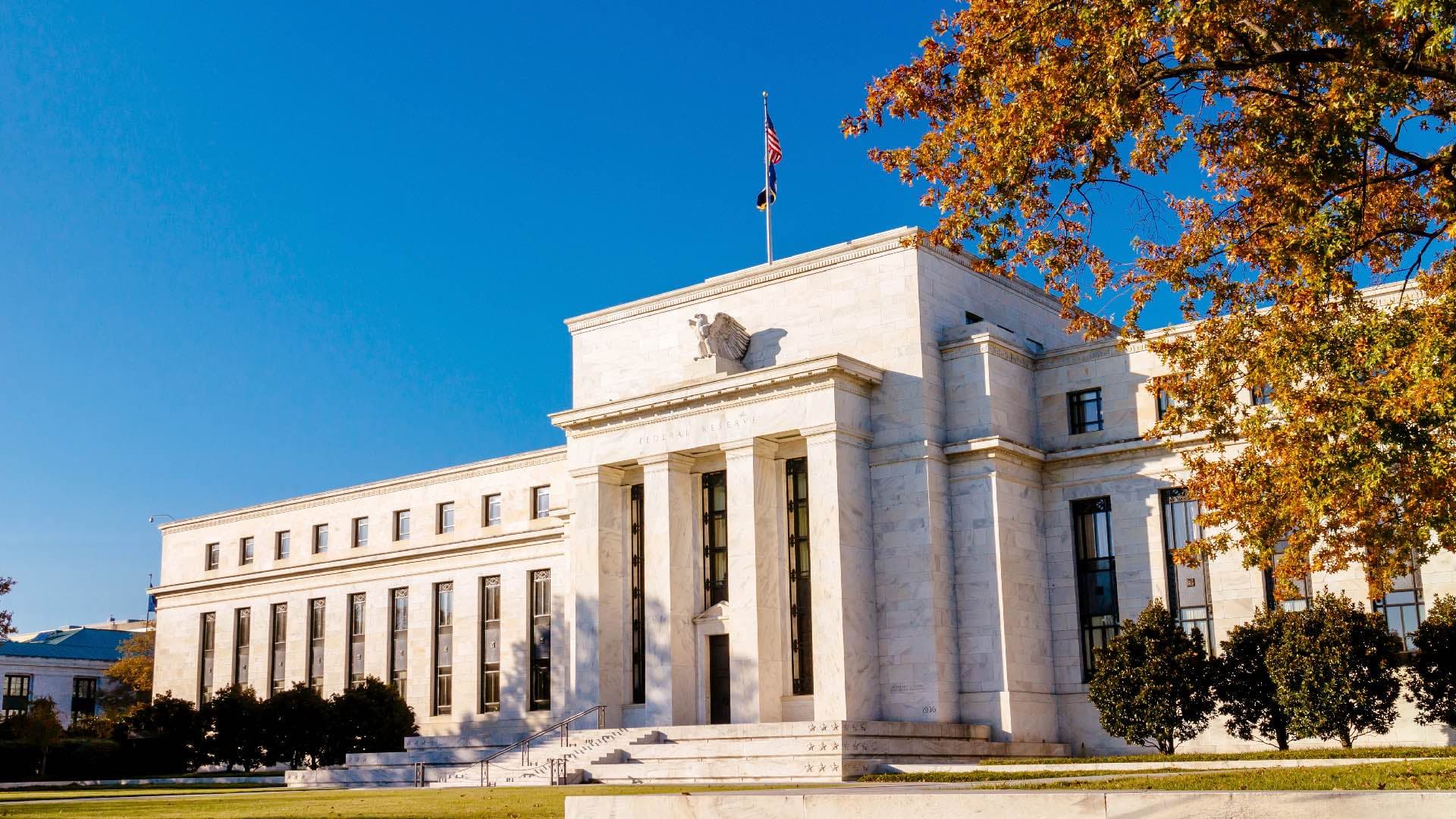 Exterior shot of the Federal Reserve central bank building in fall